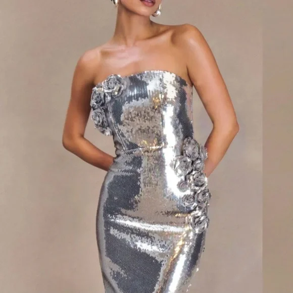 Meshki Cassie Strapless Sequin Rose Midi Dress - Picture 2 of 5